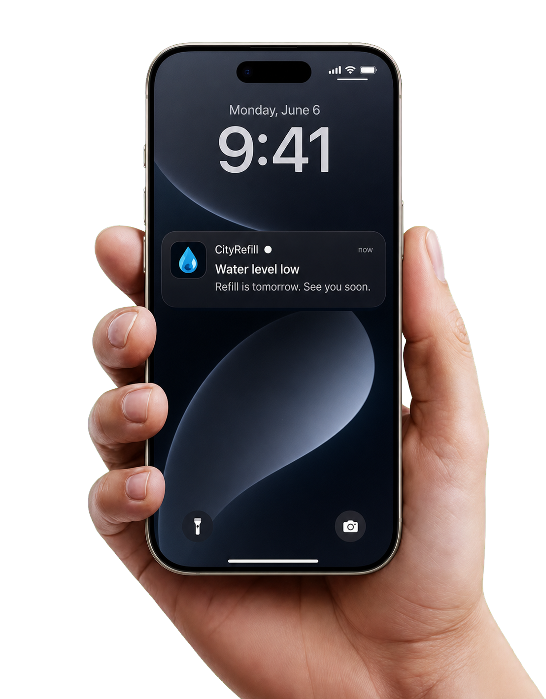 Phone showing a CityRefill water level low notification